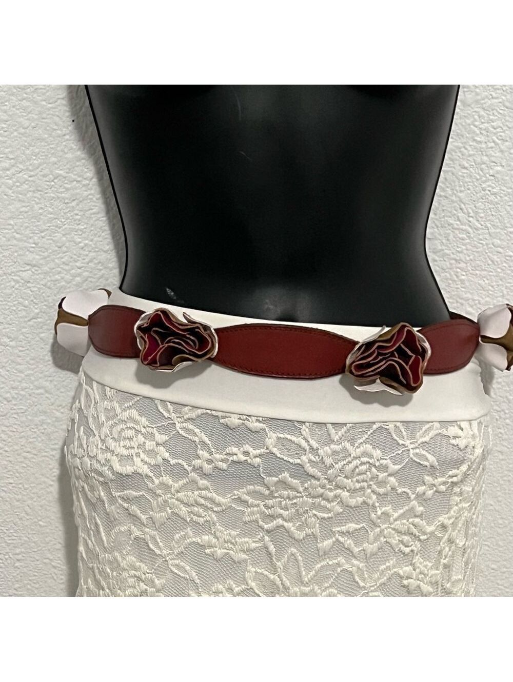 Anthropologie Rosette Applique Belt Boho Lucky Penny Brown Cream Leather S